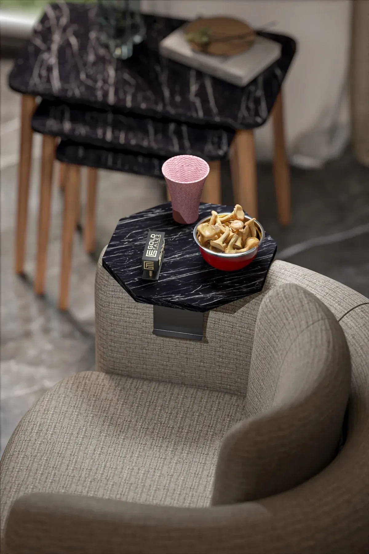 Dekoratif İkili (2 Adet) Yan Sehpa Sekizgen - 34 çap x 10 cm - Detay