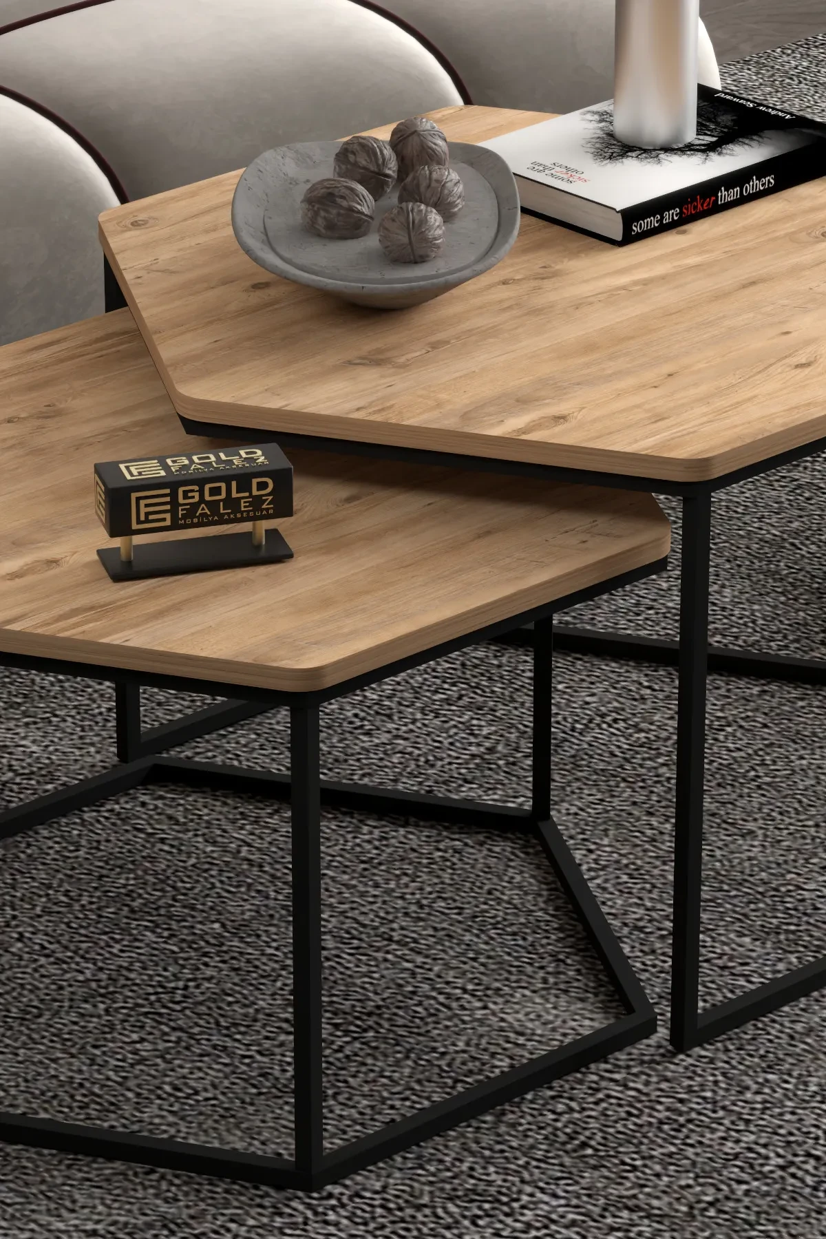 Altıgen İkili Lux Orta Sehpa - 49,5 cm - Farklı Açı