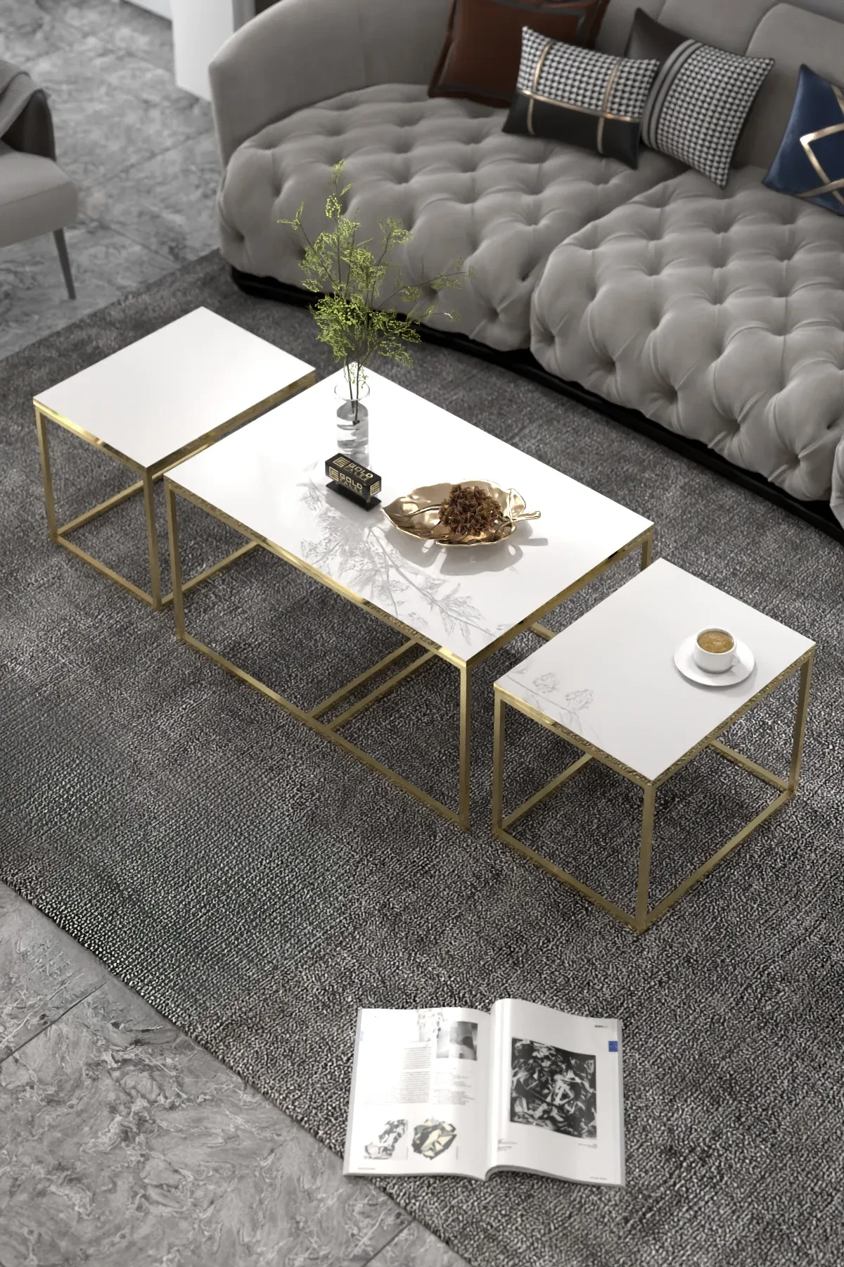 Flora Center and Zigon-Side Table Set Gold White