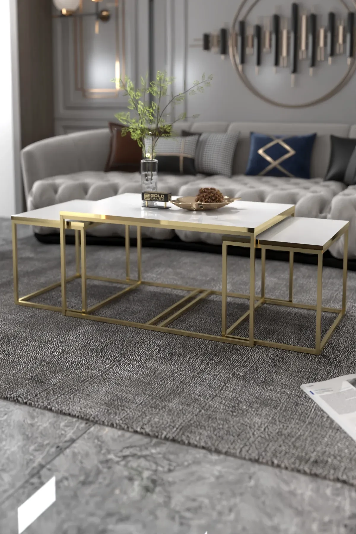 Flora Center and Zigon-Side Table Set Gold White