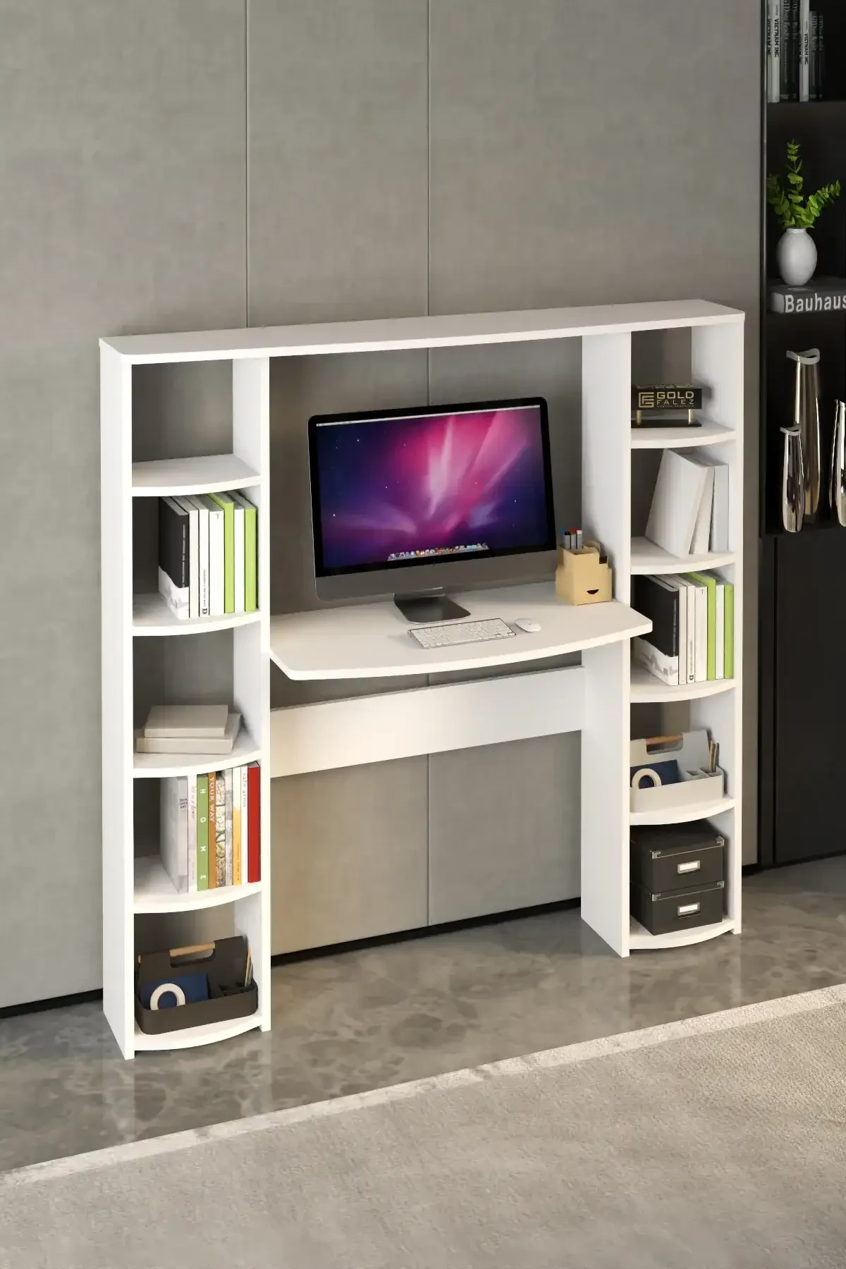 10 Raflı Kitaplıklı Çalışma Masası - 140x20x140 cm - Ön Görünüm