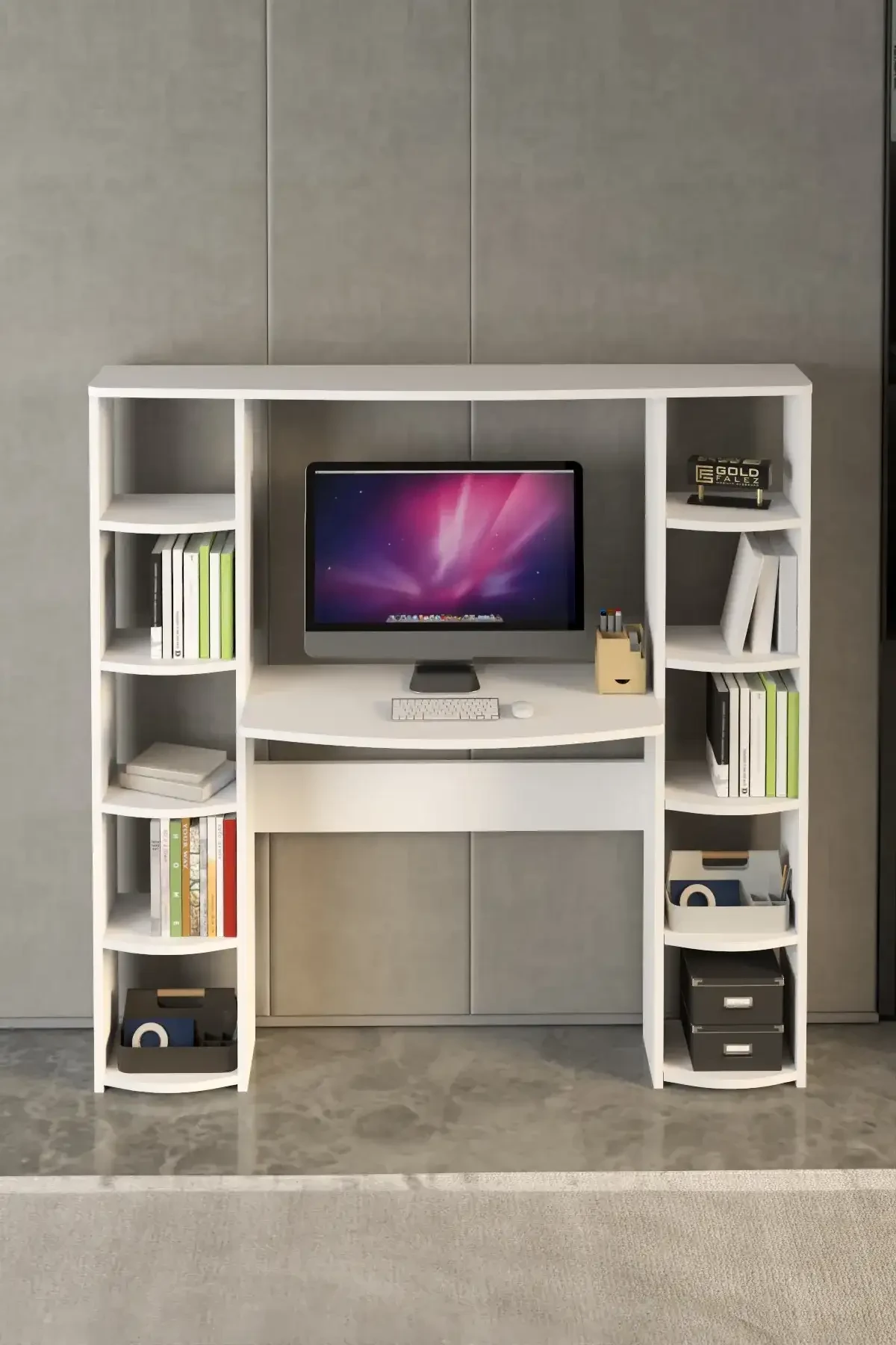 10 Raflı Kitaplıklı Çalışma Masası - 140x20x140 cm - Farklı Açı