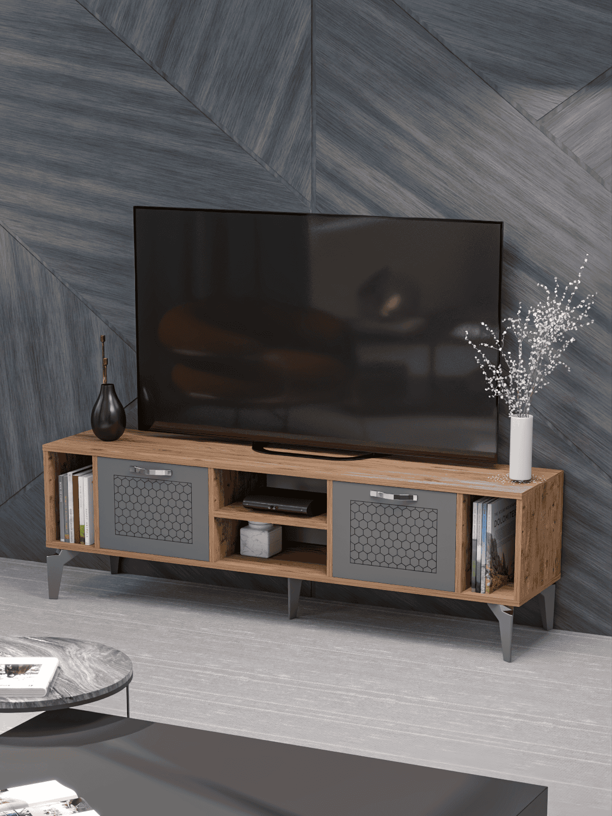 Linya Tv Sehpası - 160x35x50 cm - Ön Görünüm