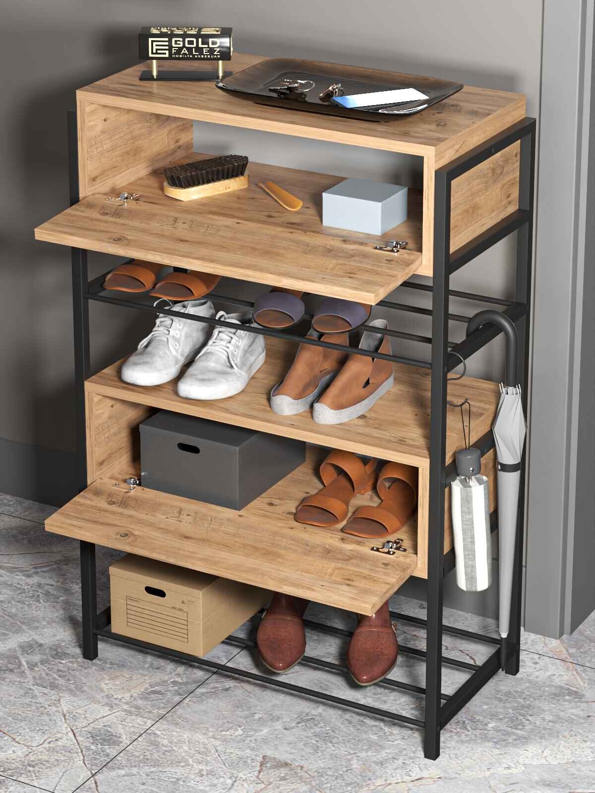 Ahşap-Metal 4 Raflı 2 Kapaklı Ayakkabılık - 70x34x106 cm - Detay