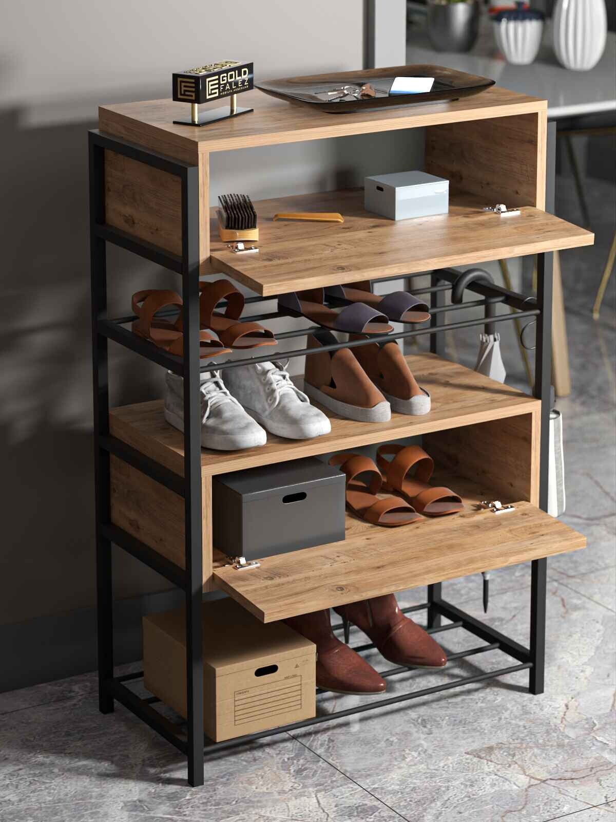 Ahşap-Metal 4 Raflı 2 Kapaklı Ayakkabılık - 70x34x106 cm - Kullanım