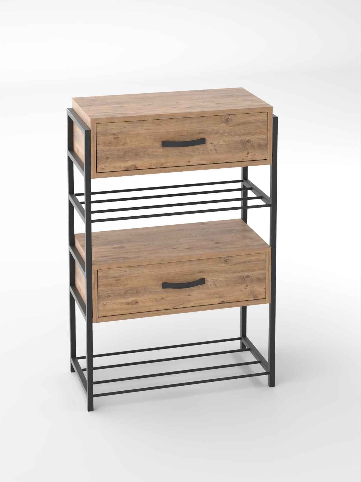 Ahşap-Metal 4 Raflı 2 Kapaklı Ayakkabılık - 70x34x106 cm - Detay