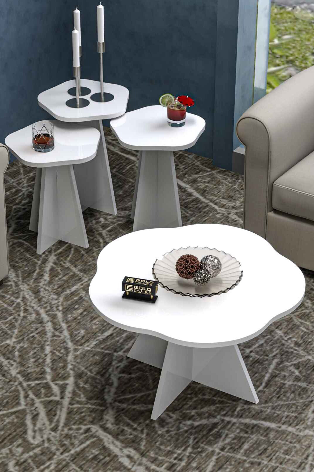 Flower Zigon and Centre Coffee Table Set — White