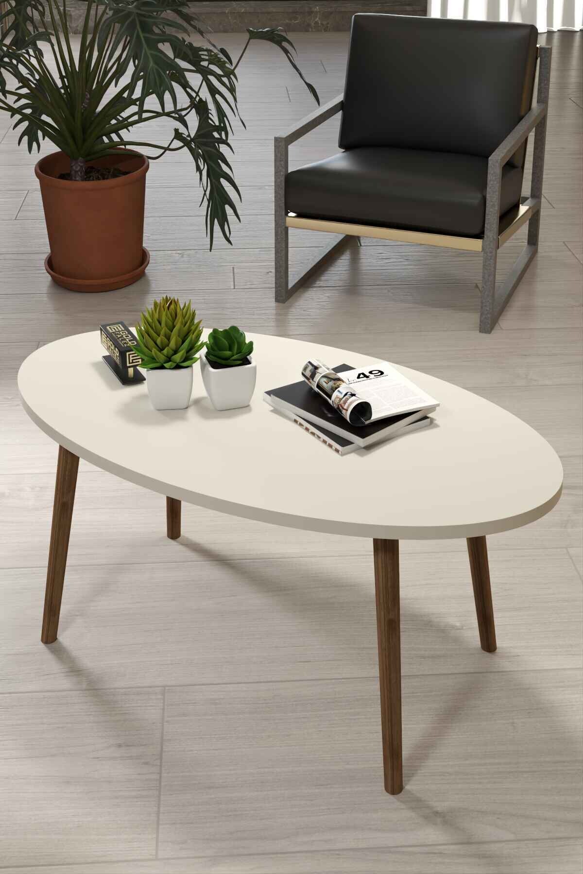 Wooden Centre Coffee Table Ellipse — Cream
