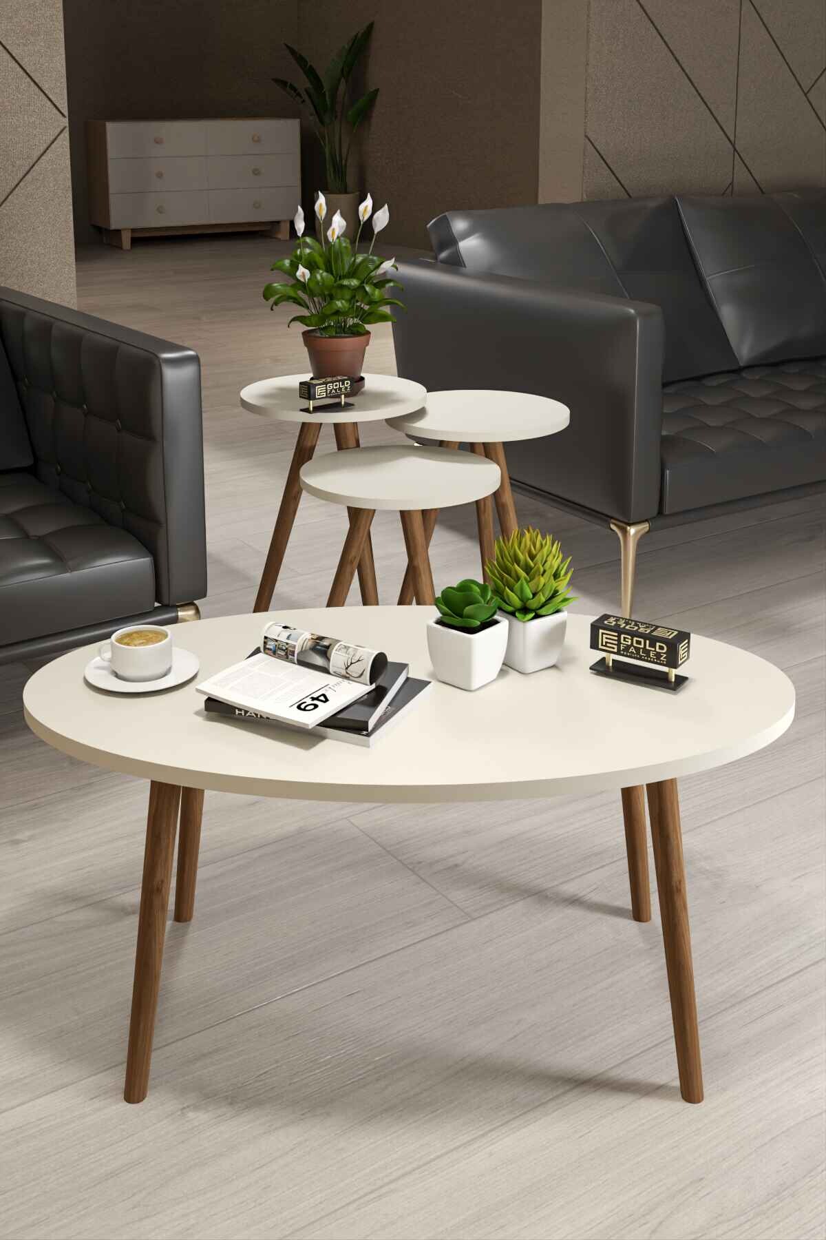 Ellipse Wooden Zigon Centre Coffee Table Set — Cream