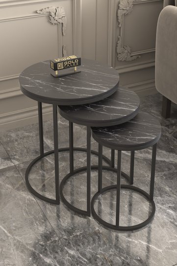 C 3-Piece Round Nesting Table Set - Black Marble Effect