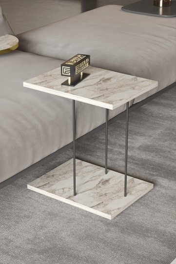Rectangular Rolling Laptop Side Table - White Marble Effect