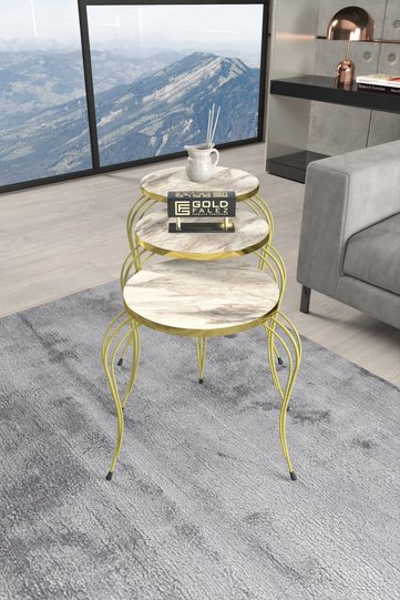 Lukens Gold 3-Piece Round Nesting Table Set - White Marble Effect
