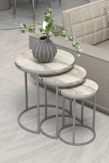 C 3-Piece Round Nesting Table Set - White Marble Effect