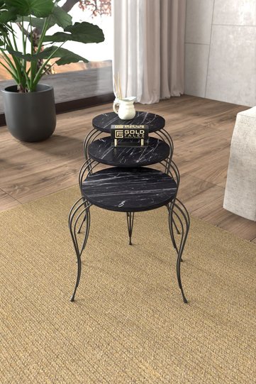 Lukens 3-Piece Round Nesting Table Set Metal Legs - Black Marble Effect