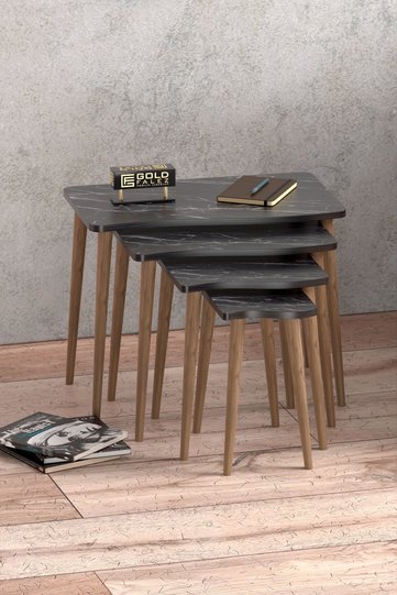 Turned Leg 4-Piece Square Nesting Table Set - Black Marble Effect