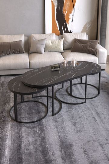 Dolunay Coffee & Side Table Set - Black Marble Effect