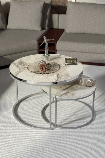 Special 2-Piece Round Coffee Table Set - White Marble Effect