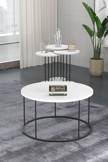 Terra Round Coffee & Nesting Table Set Black Metal Legs - White