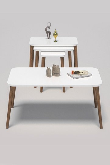 Rectangular Coffee & Nesting Table Set Turned Wooden Legs - White