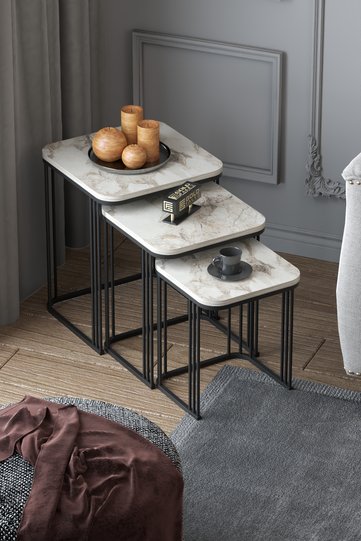 Alize 3-Piece Nesting Table Set Melamine-faced Chipboard White Marble-effect