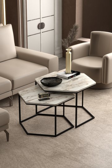 Hexagonal 2-Piece Coffee Table Melamine-faced chipboard Multicoloured