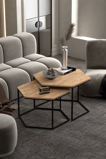 Hexagonal 2-Piece Coffee Table Melamine-faced Chipboard Brown