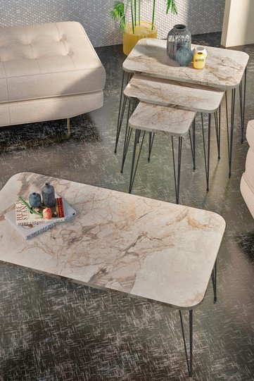 Black Wire Leg Square-Top 4-Piece Table Set - White Marble Effect