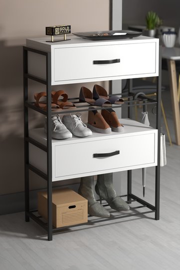 2-Door Wooden Shoe Cabinet Metal Frame - White