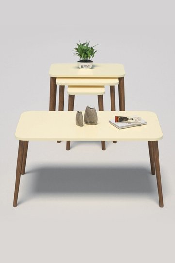 Rectangular Coffee & Nesting Table Set Turned Wooden Legs - White Marble Effect