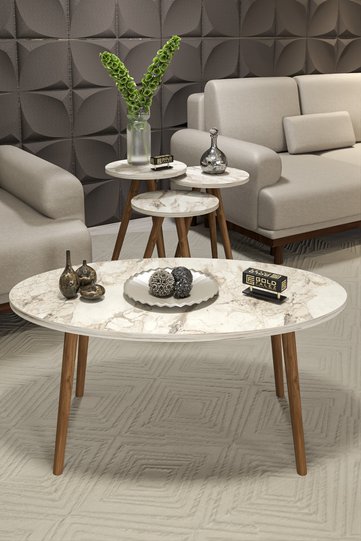 Turned Wooden Leg Oval Coffee & Nesting Table Set - Beige