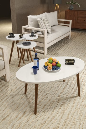 Turned Wooden Leg Oval Coffee & Nesting Table Set - White