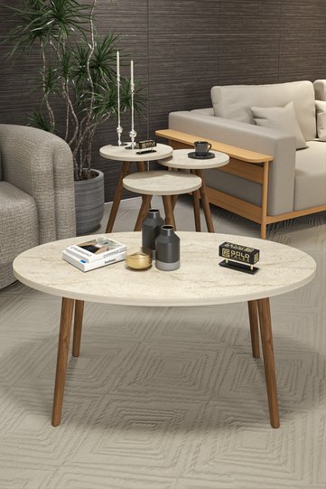 Turned Wooden Leg Oval Coffee & Nesting Table Set - Multicolour