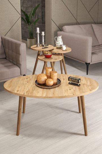 Turned Wooden Leg Oval Coffee & Nesting Table Set - Brown