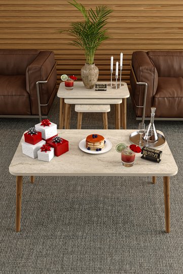 Turned Coffee Table and Nesting Table Set Melamine-faced Chipboard Beige