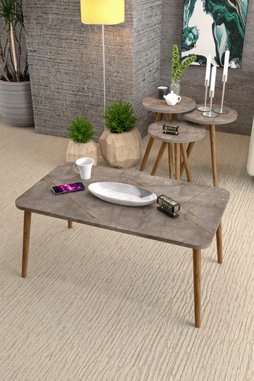 Square Coffee & Nesting Table Set Turned Wooden Legs - Multicolour