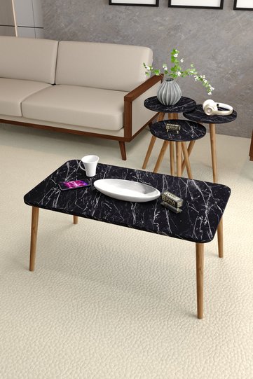 Square Coffee & Nesting Table Set Turned Wooden Legs - Black