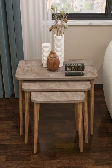 3-Piece Rectangular Nesting Table Set Turned Wooden Legs - Multicolour