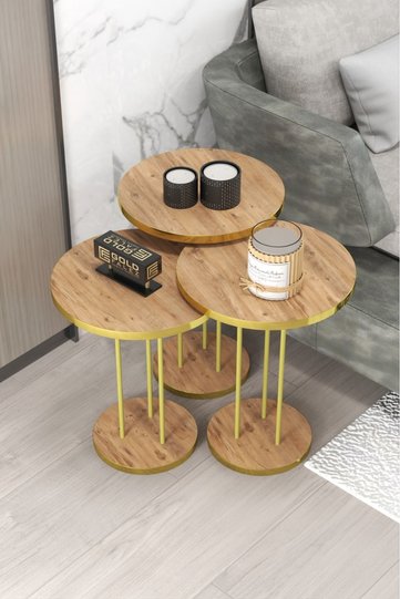 Round Nesting Table Set Metal Legs - Gold Walnut