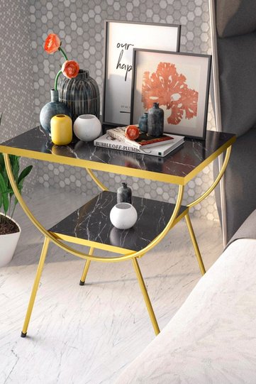 Arc Metal Leg Rectangular Side Table - Black Marble Effect