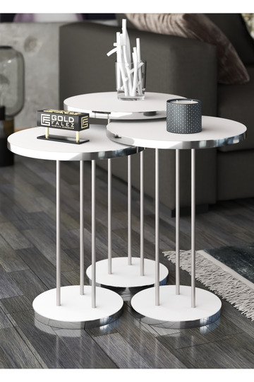 Round Nesting Table Set Metal Legs - Silver White