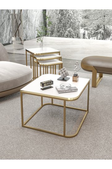 Damla Coffee Table and Nesting Table Set Melamine-faced chipboard White Gold