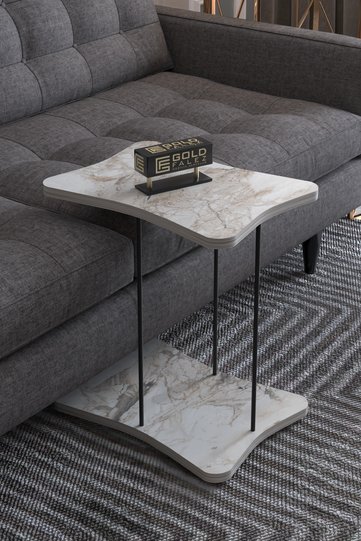 Rectangular Rolling Side Table - White Marble Effect