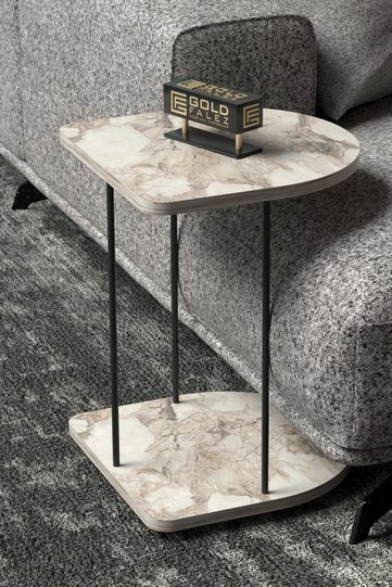 Oval Rolling Side Table - White Marble Effect