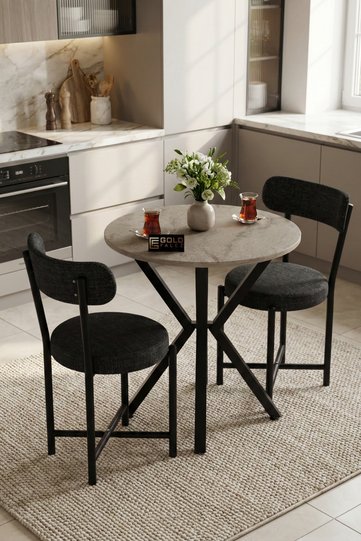 Teddy 9843 Kitchen Table Set, 70 cm Diameter, 2 Chairs, Travertine-Look, for Balcony, Garden, Cafe, Anthracite