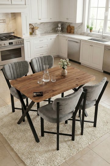 Elma 9884 Modern Kitchen Table Set, 110x70 cm, 4 Chairs, for Cafe, Balcony, Office, Grey