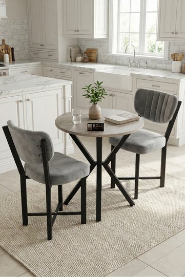Elma 9846 Kitchen Table Set, 70 cm Diameter, 2 Chairs, Travertine-Look, for Balcony, Garden, Cafe, Grey