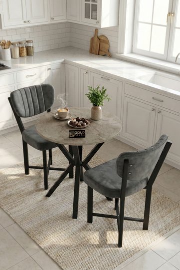Elma 9847 Kitchen Table Set, 70 cm Diameter, 2 Chairs, Travertine-Look, for Balcony, Garden, Cafe, Anthracite