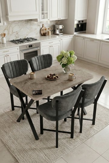 Elma 9887 Modern Kitchen Table Set, 110x70 cm, 4 Chairs, for Cafe, Balcony, Office, Anthracite