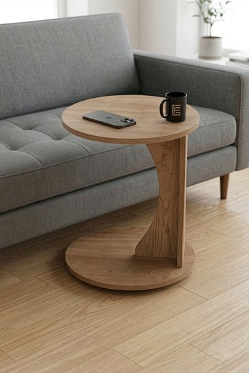 Classic Melamine-faced Chipboard C-Shape Round Side Table, Beige