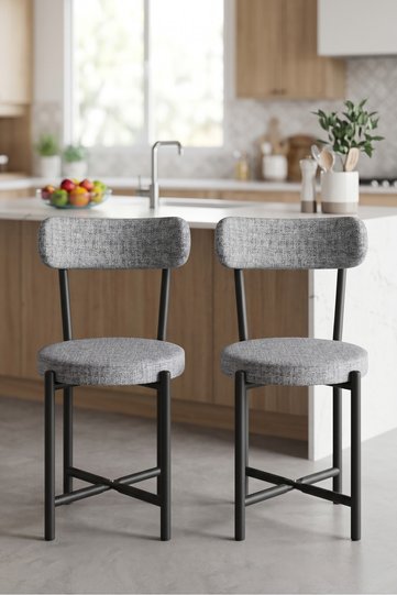 2-Piece Linen Fabric Metal Leg Modern Kitchen Chair for Cafe Balcony Office Teddy 9812 Grey